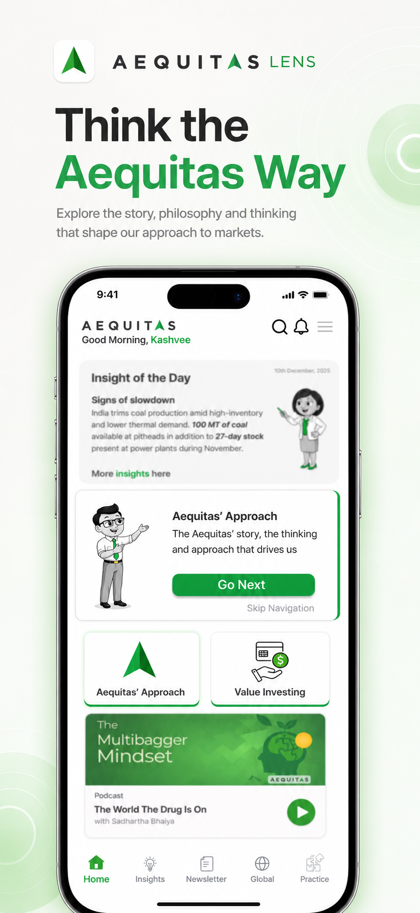 Mobile screen displaying Aequitas Lens by Aequitas Investments, featuring investment insights, the Aequitas approach, value investing, newsletters, and market-focused content in a user-friendly interface