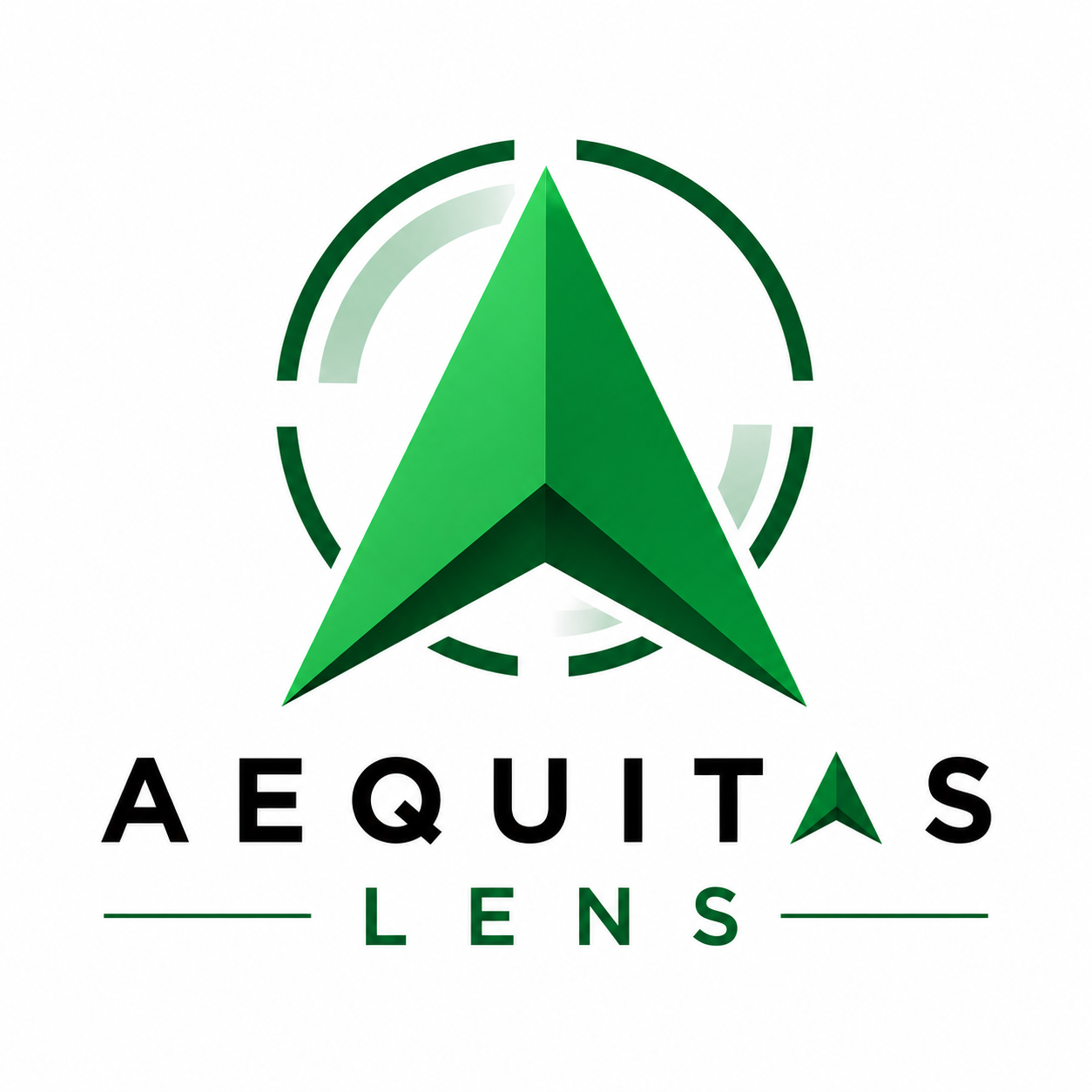 Aequitas Lens logo featuring a green arrow-inspired emblem with a modern design, representing the knowledge platform by Aequitas Investments